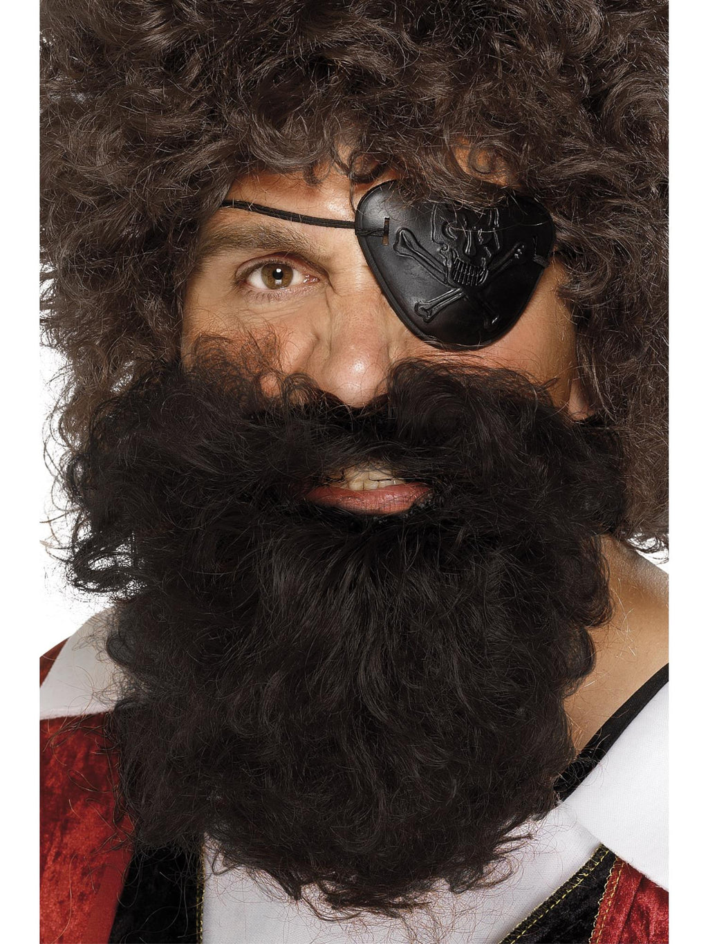 Man wearing a curly dark brown pirate beard with a pirate costume