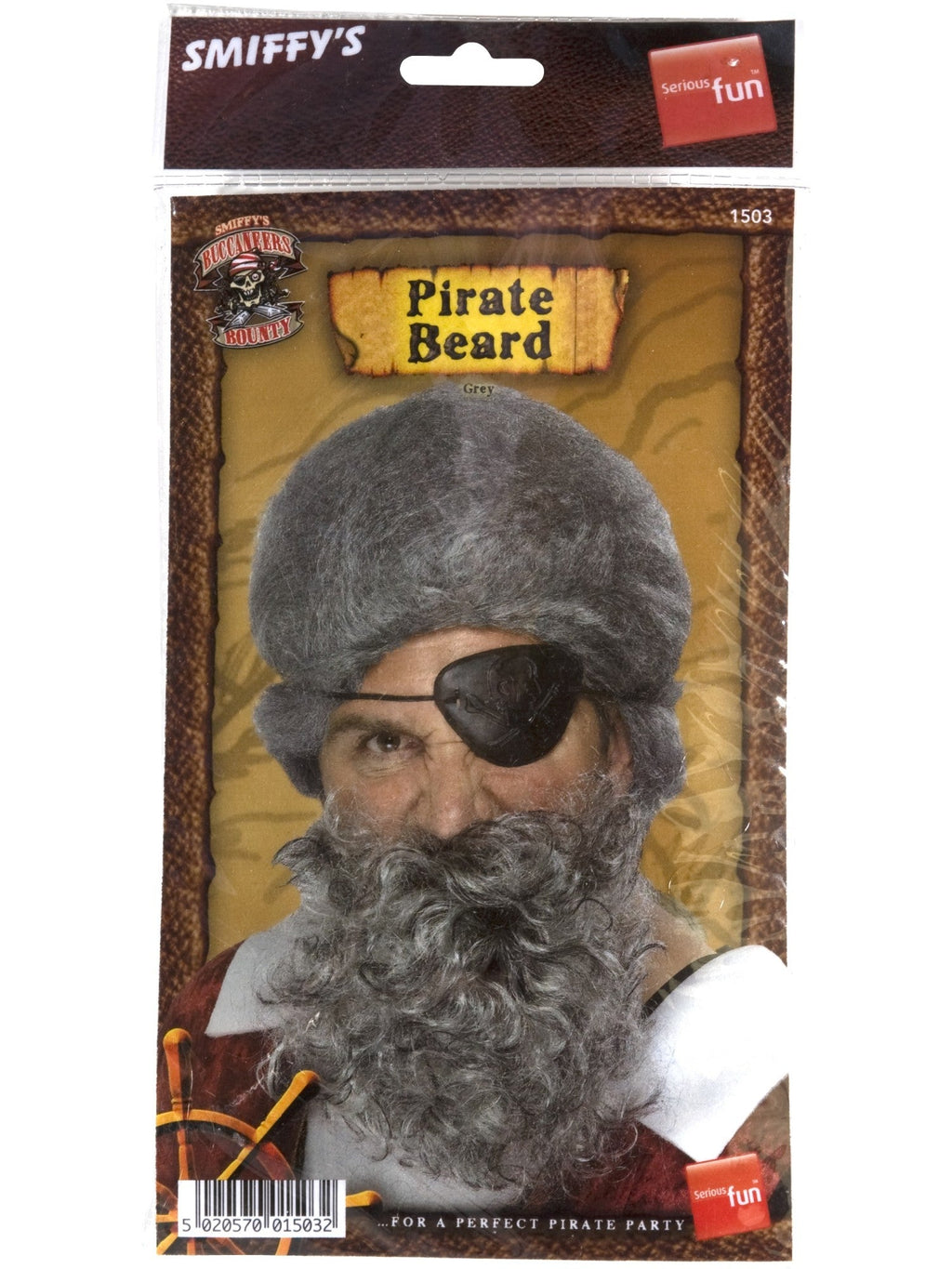 Grey pirate beard in its retail packaging