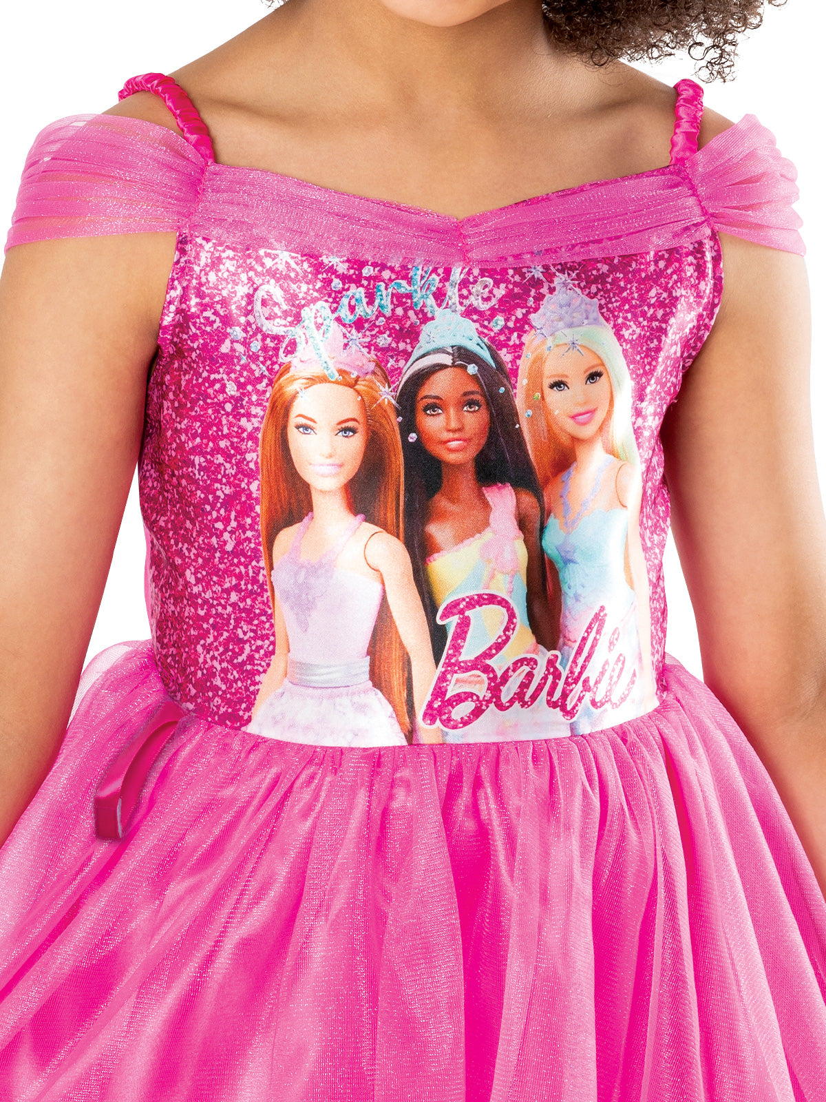 Close-up of the Barbie & Friends dress bodice with printed dolls and Barbie lettering