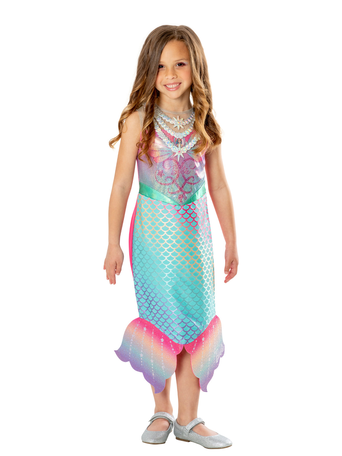 Girl in Barbie mermaid dress with ombre aqua and pink scales and pink fins at the hem