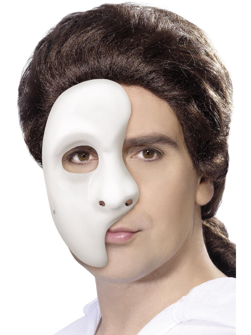 Man wearing a white half-face phantom mask