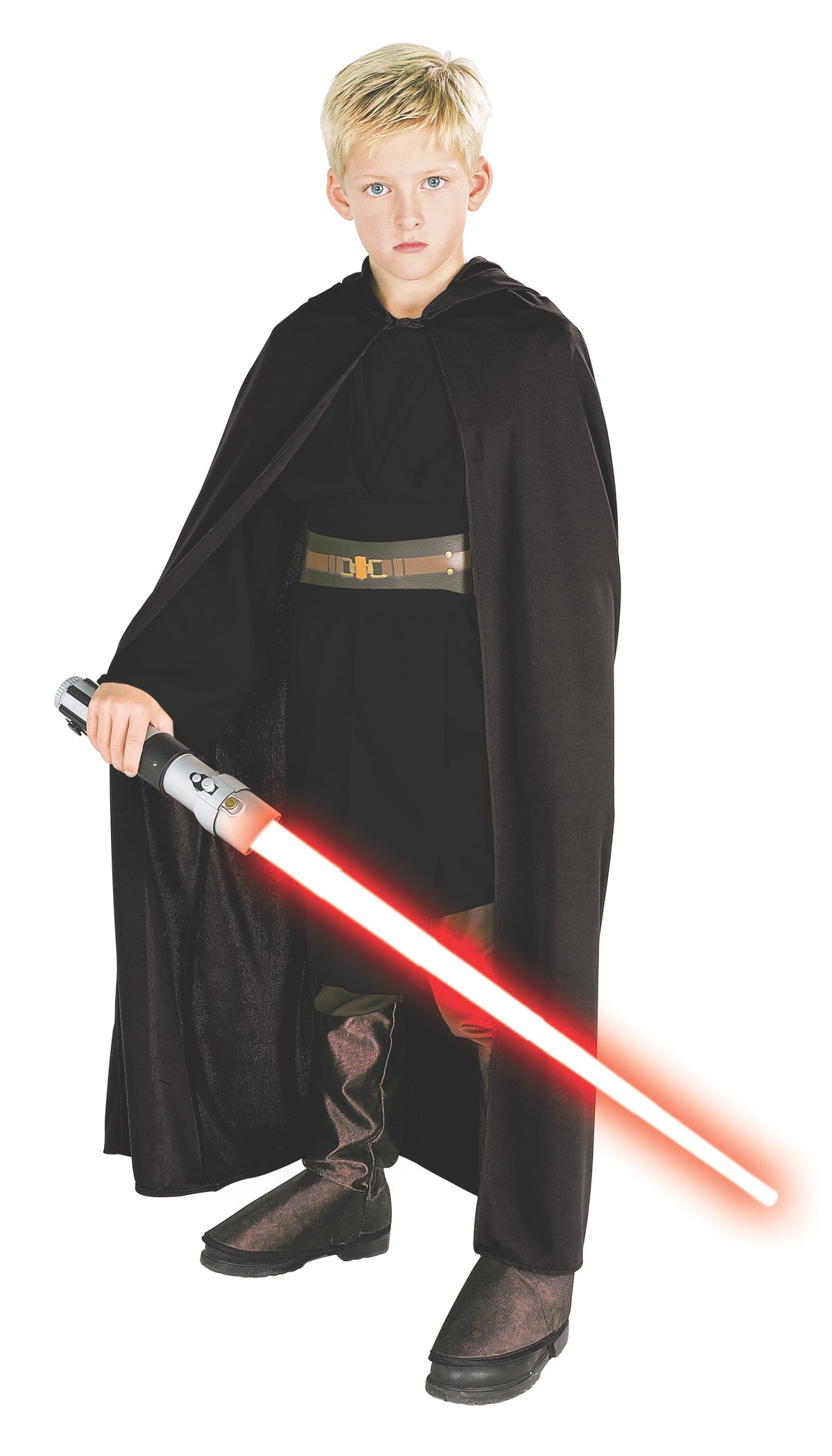 Boy wearing a long black Sith robe with wide trumpet sleeves over a brown tunic