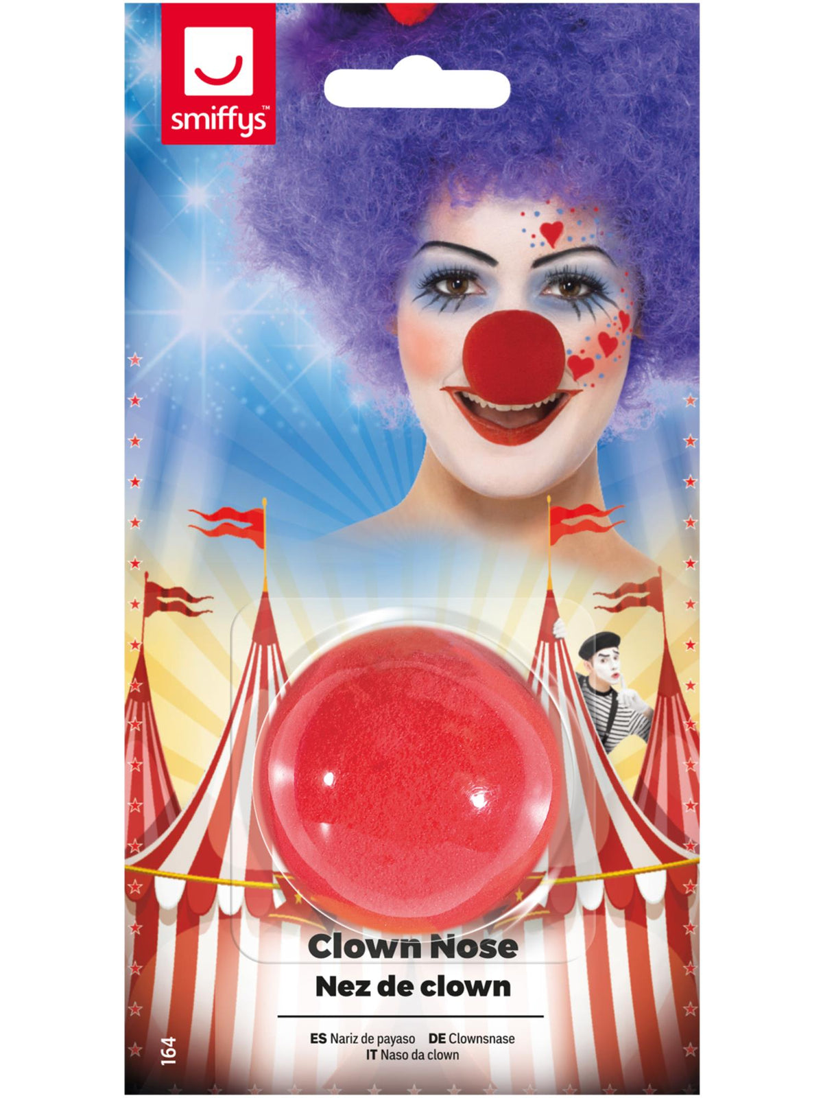 Red foam clown nose in its retail packaging