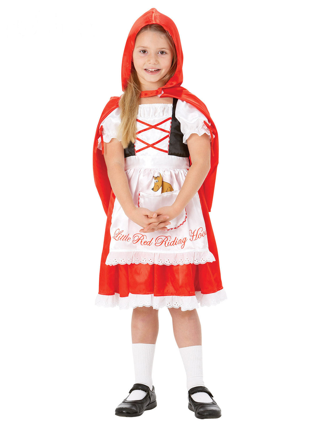 Girl in the Little Red Riding Hood costume with a red satin hooded cape, white apron and red skirt