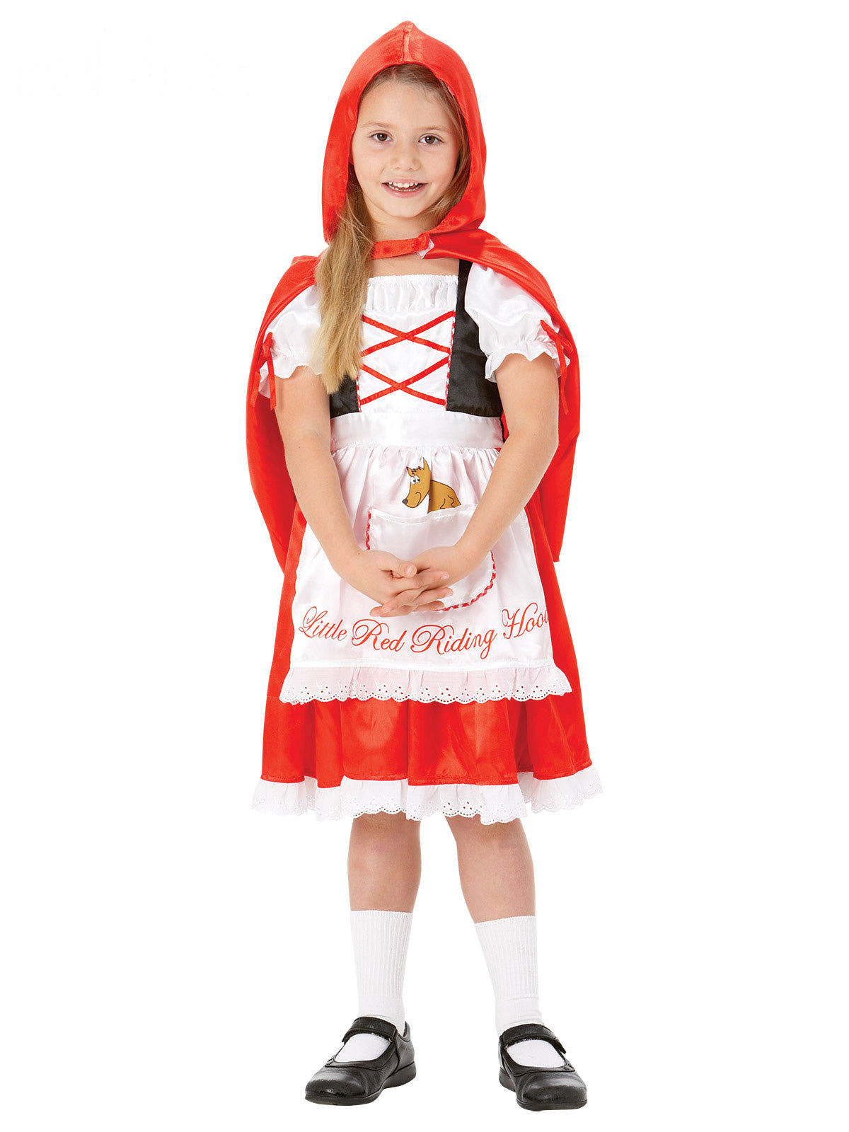 Girl in the Little Red Riding Hood costume with a red satin hooded cape, white apron and red skirt