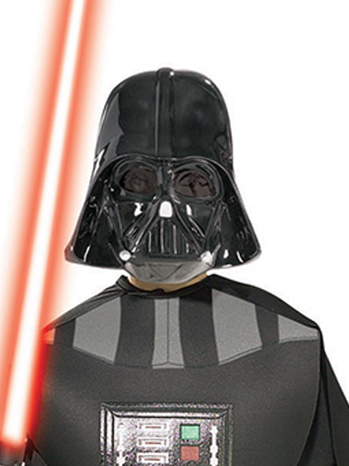 Close-up of the Darth Vader mask and printed chest panel with red lightsaber
