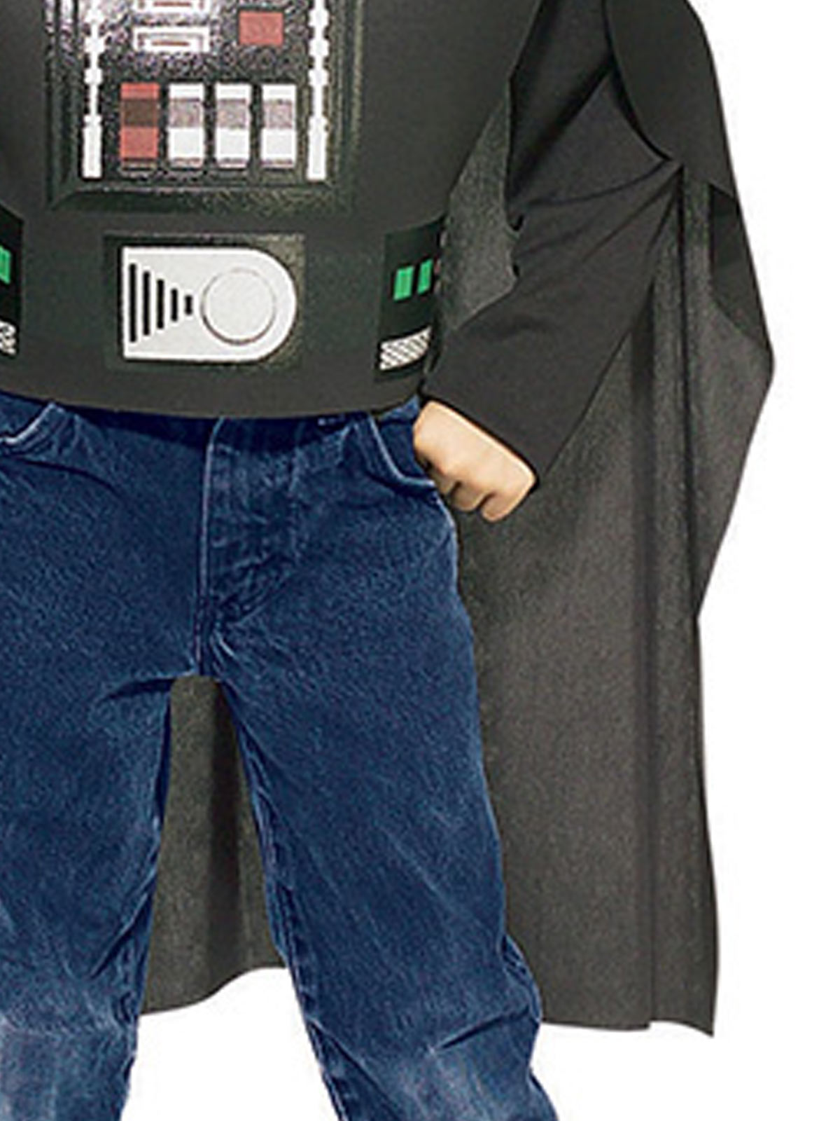 Close-up of the Darth Vader tabard's printed belt panel and black cape