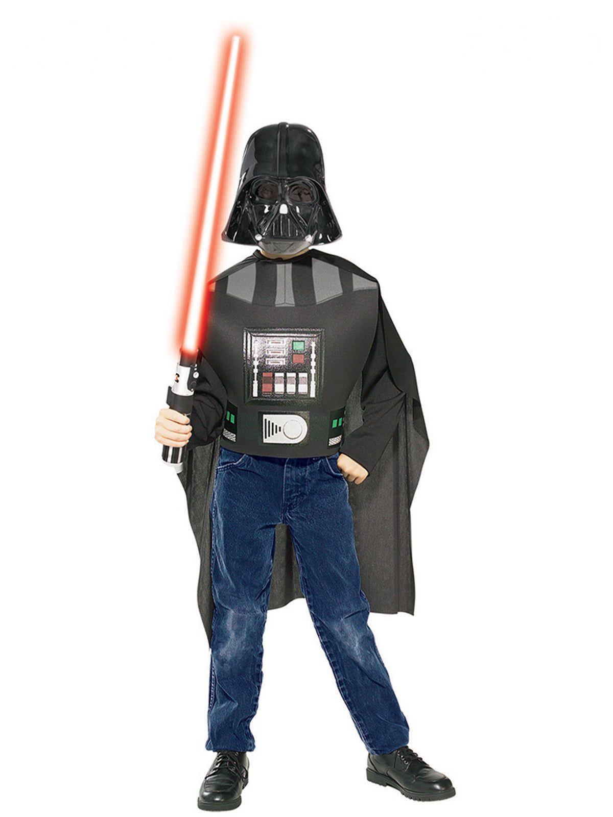 Boy in Darth Vader costume top with printed chest panel, black cape, mask and red lightsaber