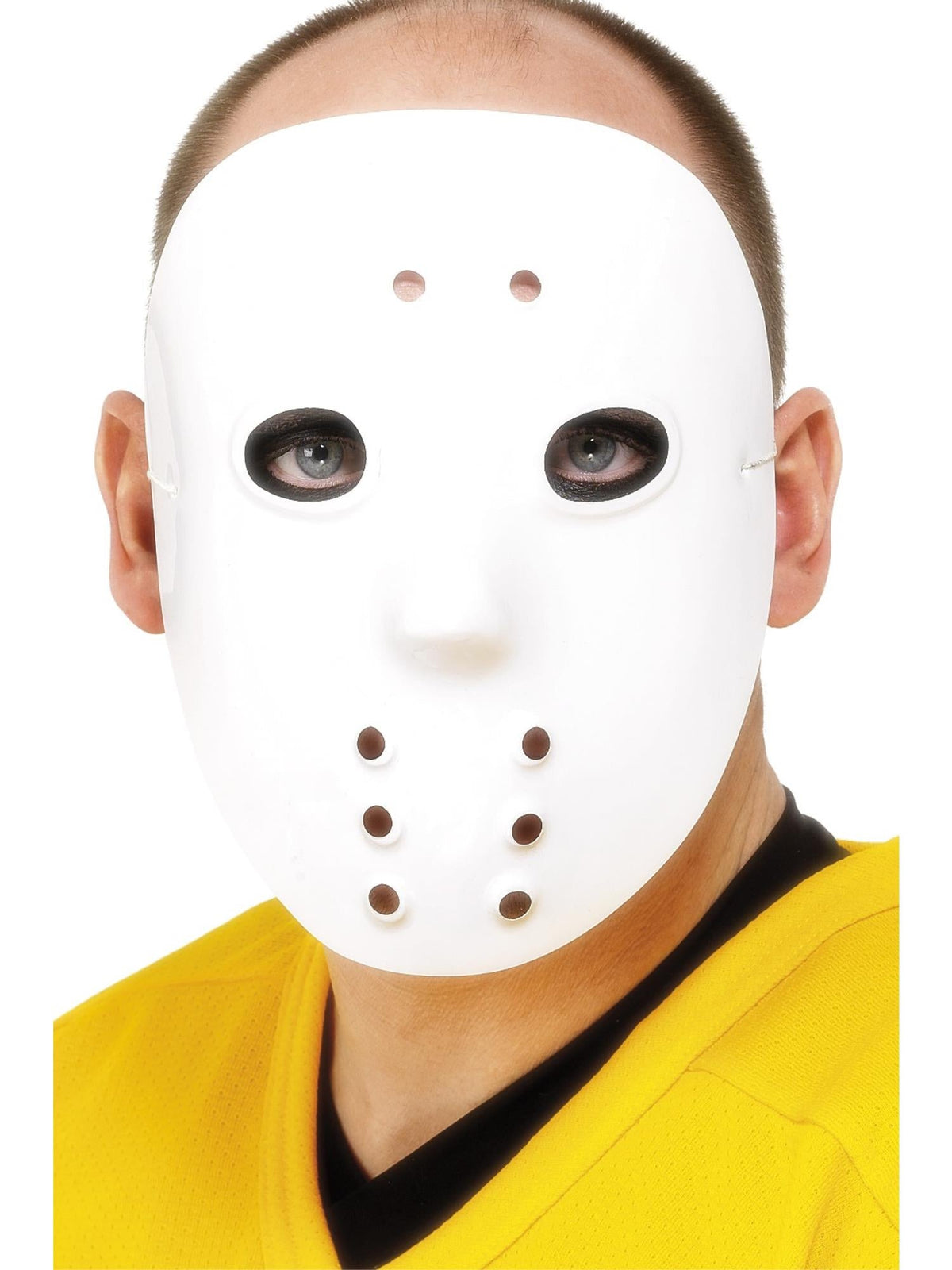 Man wearing a white hockey mask with breathing holes