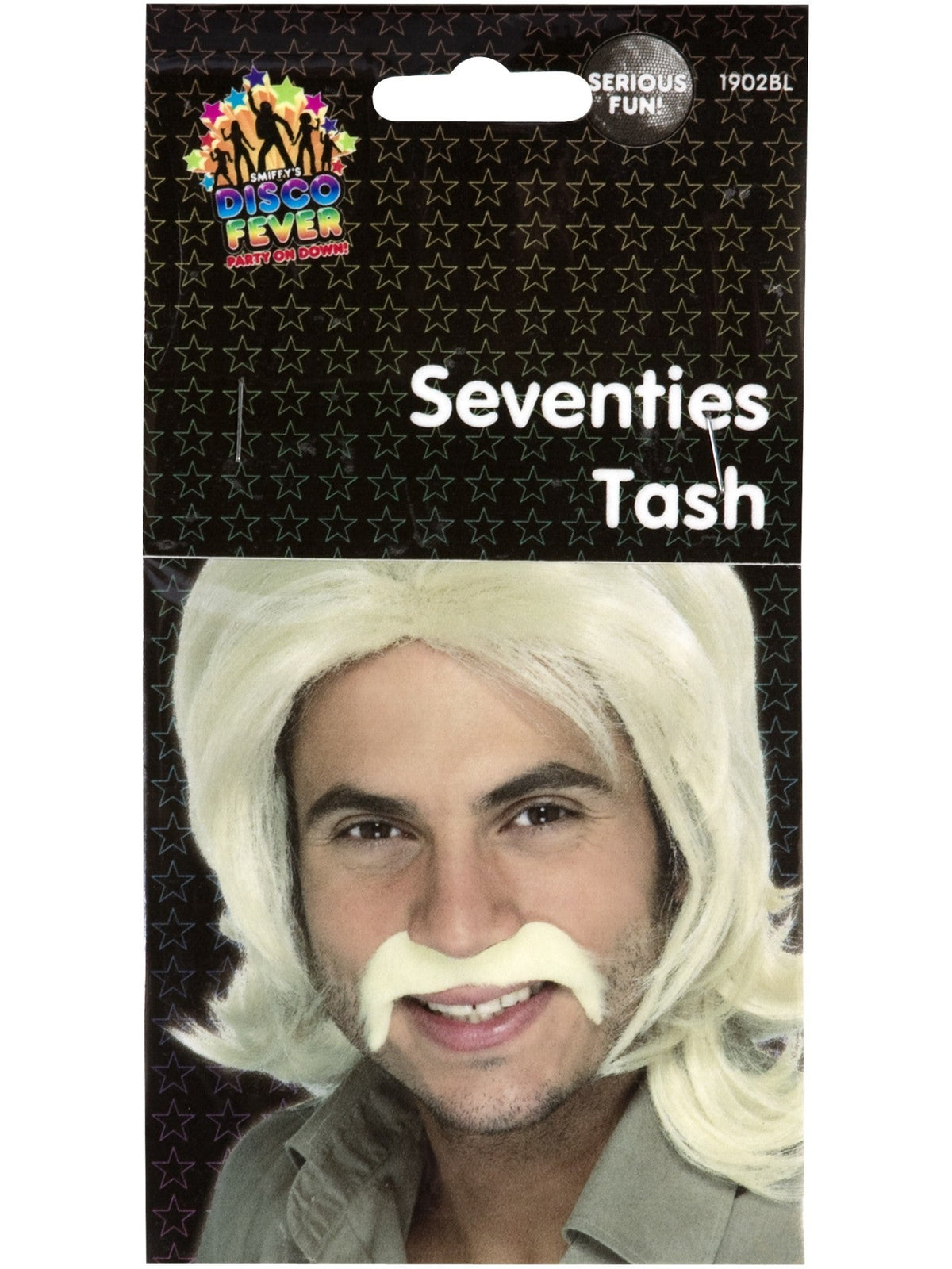Blonde 70s moustache in its retail packaging