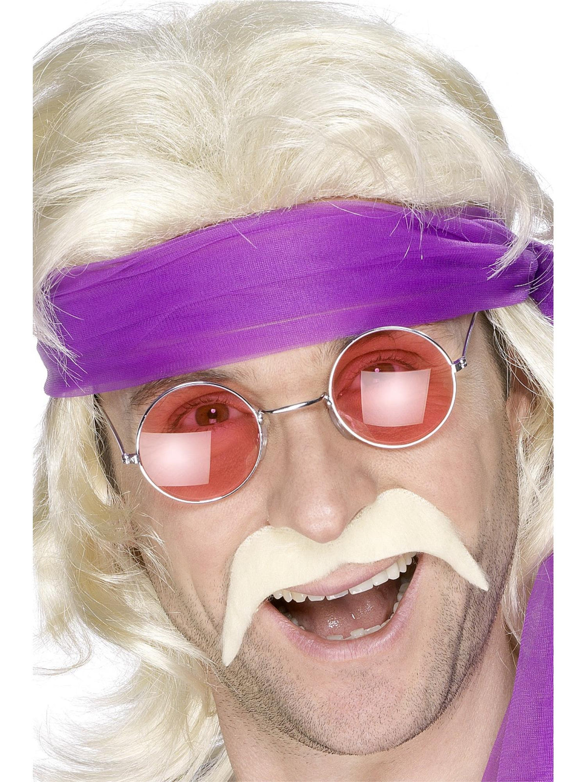 Man wearing a blonde 70s horseshoe moustache with round tinted glasses and headband