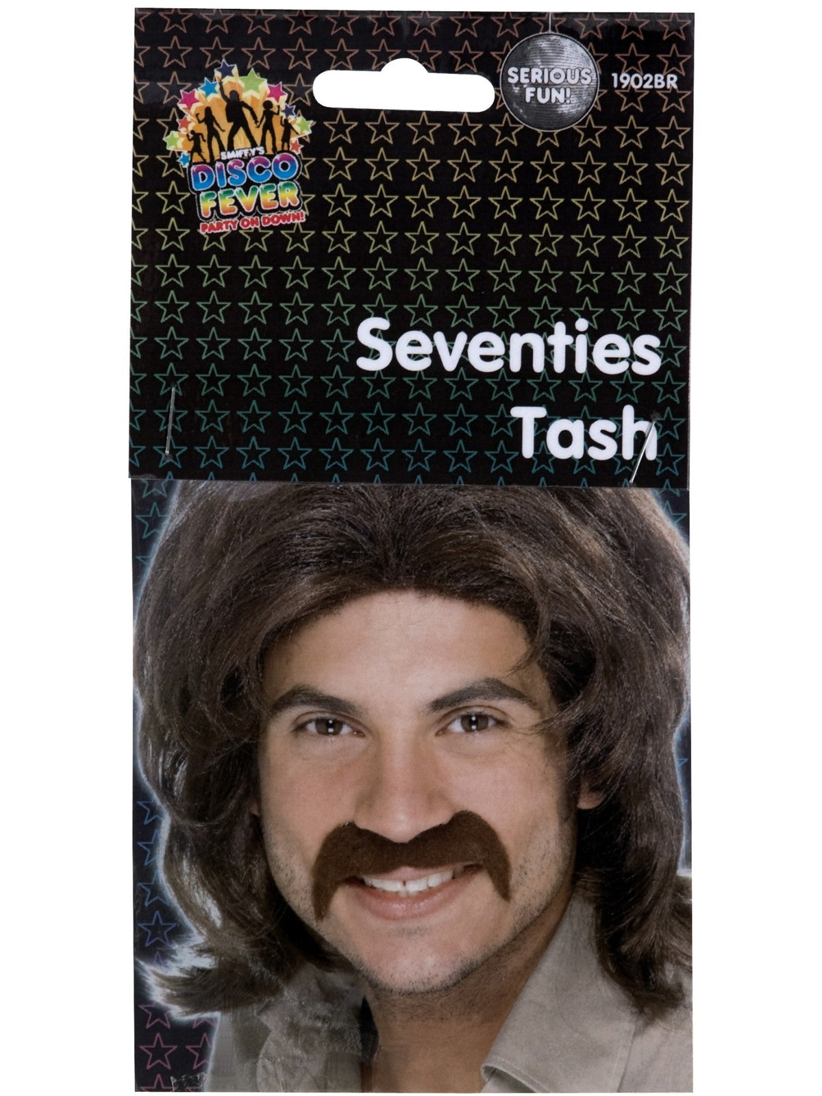 Brown 70s moustache in its retail packaging