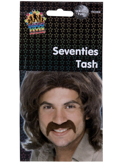 Brown 70s moustache in its retail packaging