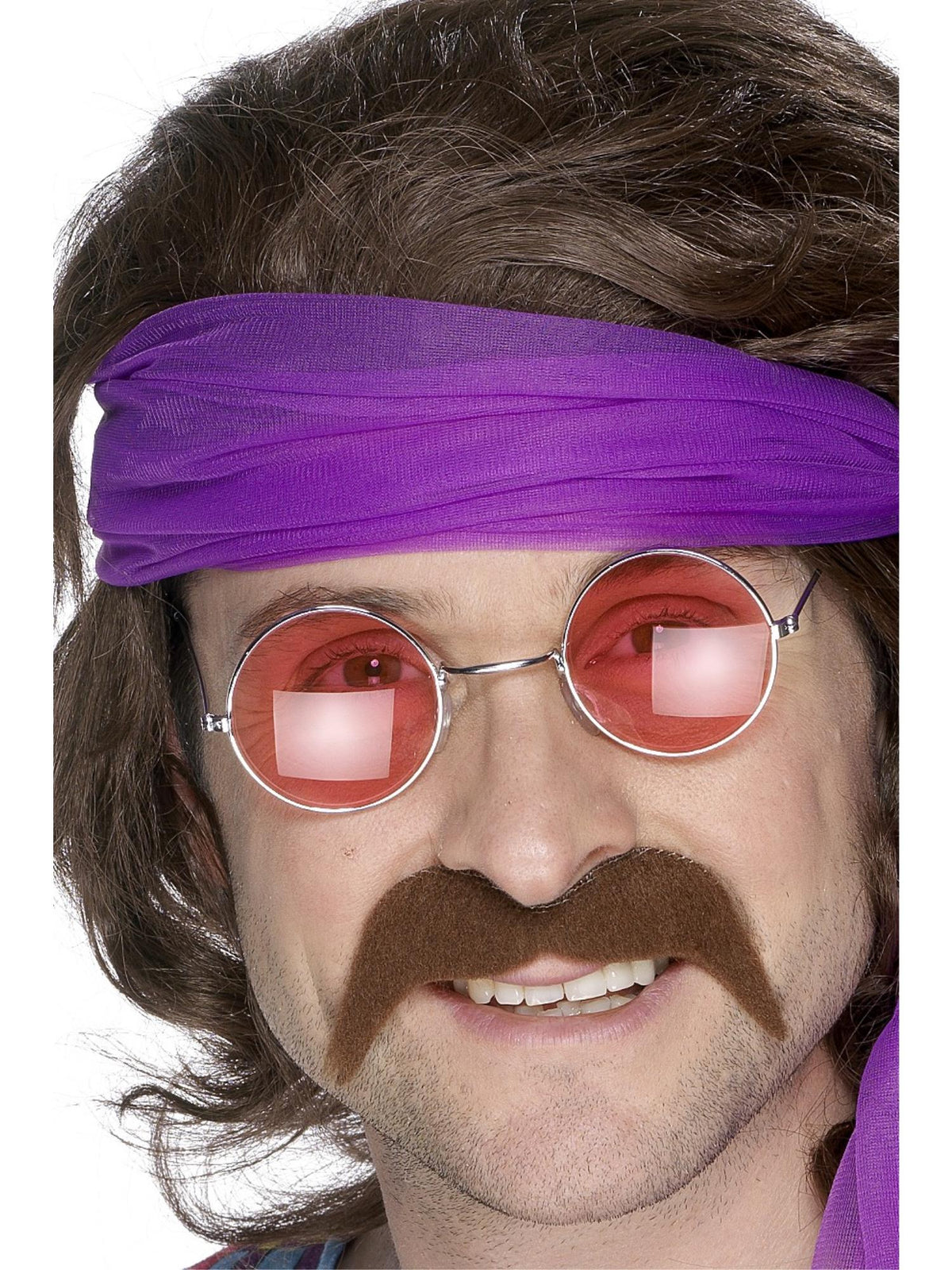 Man wearing a brown 70s horseshoe moustache with round tinted glasses and headband