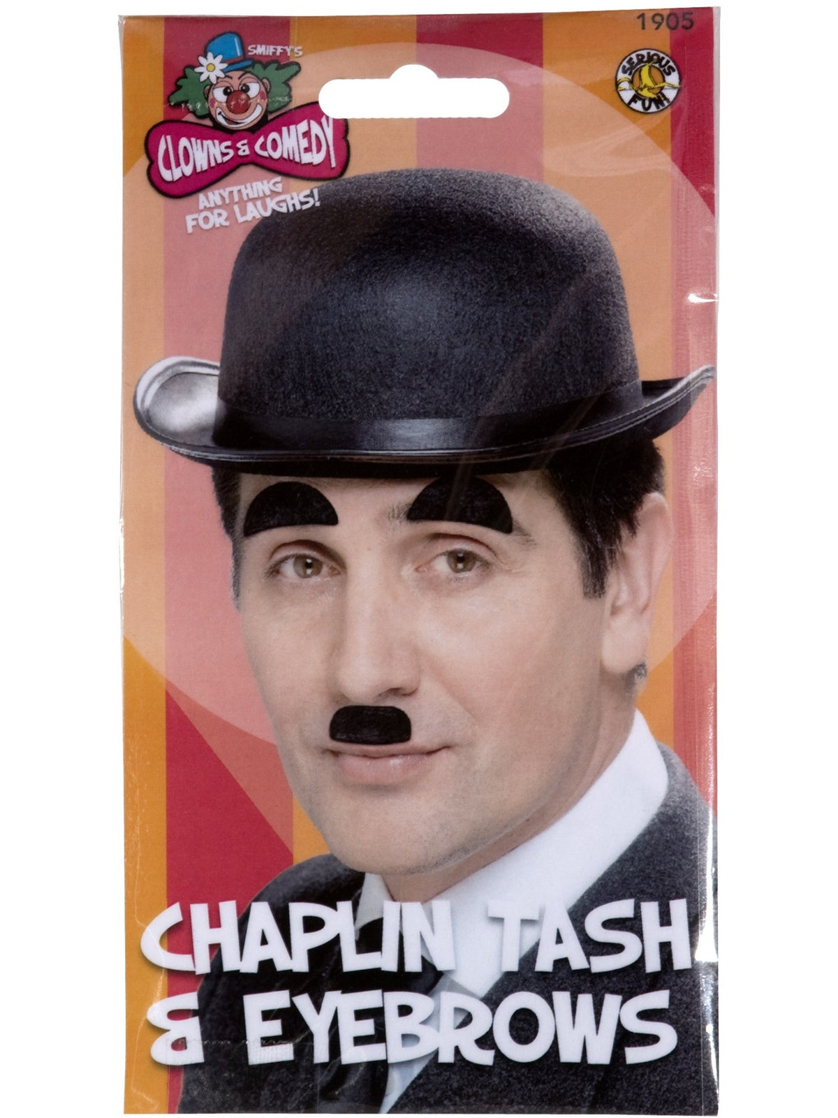 Silent film moustache and eyebrows set in its retail packaging