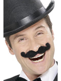 Man in a bowler hat wearing a black curled music hall moustache