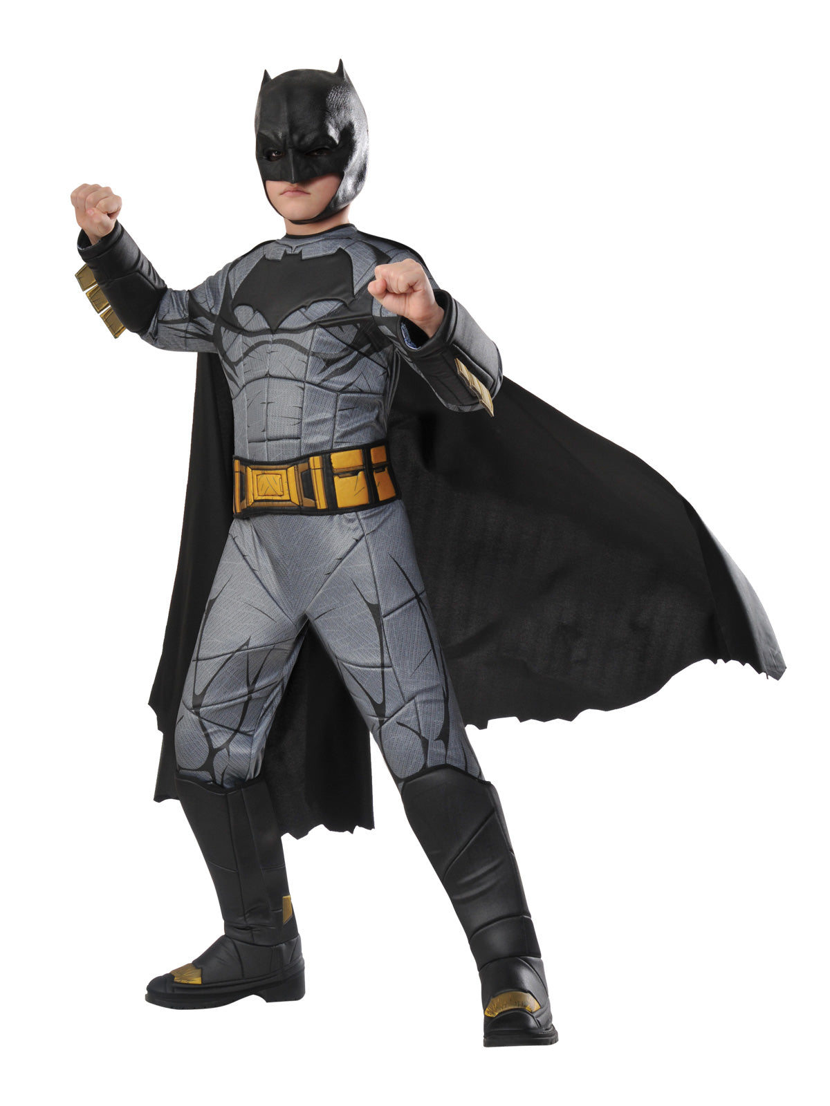 Boy in premium Batman muscle chest jumpsuit in grey armour print with belt, black cape and textured mask
