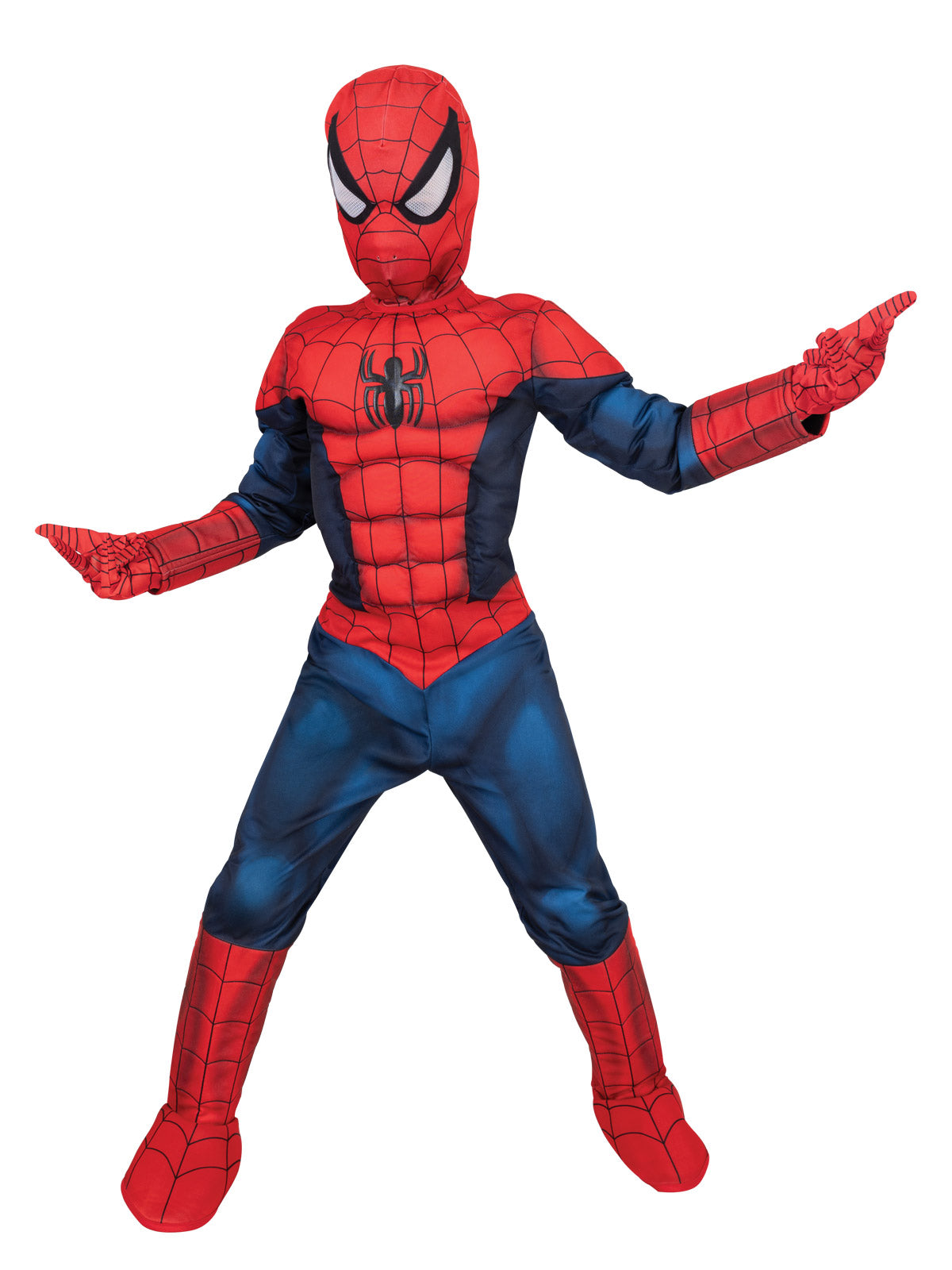 Boy wearing a premium Iron Spider costume with padded web-print jumpsuit, gloves, boot tops and snood