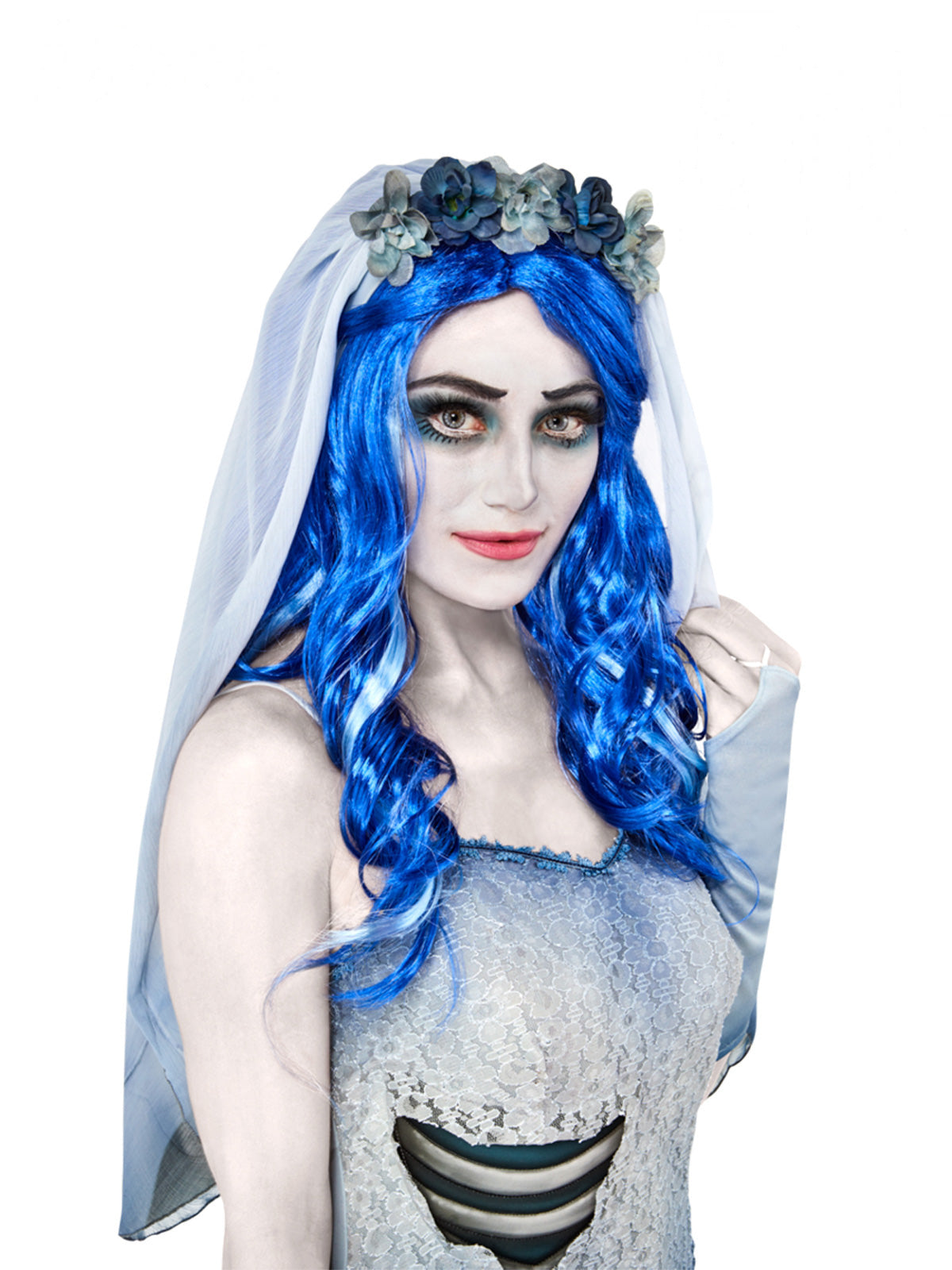 Woman wearing a long bright blue wavy Corpse Bride Emily wig