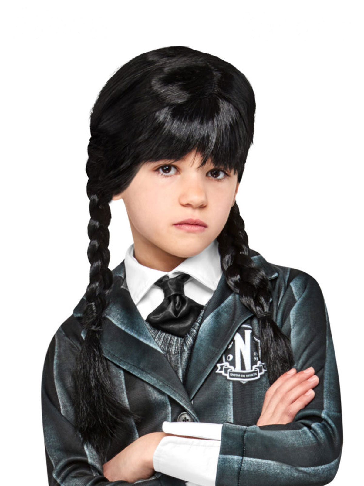 Girl wearing the black plaited Wednesday wig with a thick fringe