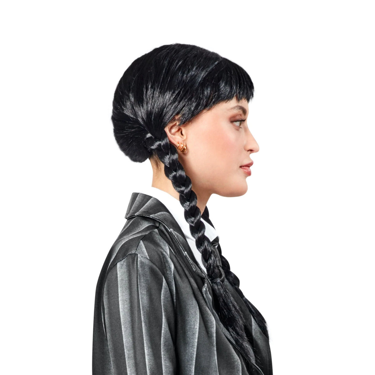 Side view of the black plaited Wednesday wig