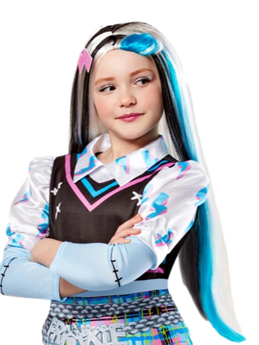 Girl wearing the long white Frankie Stein wig with electric blue and black streaks