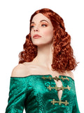 Woman wearing a long, flowing auburn wig with wavy curls