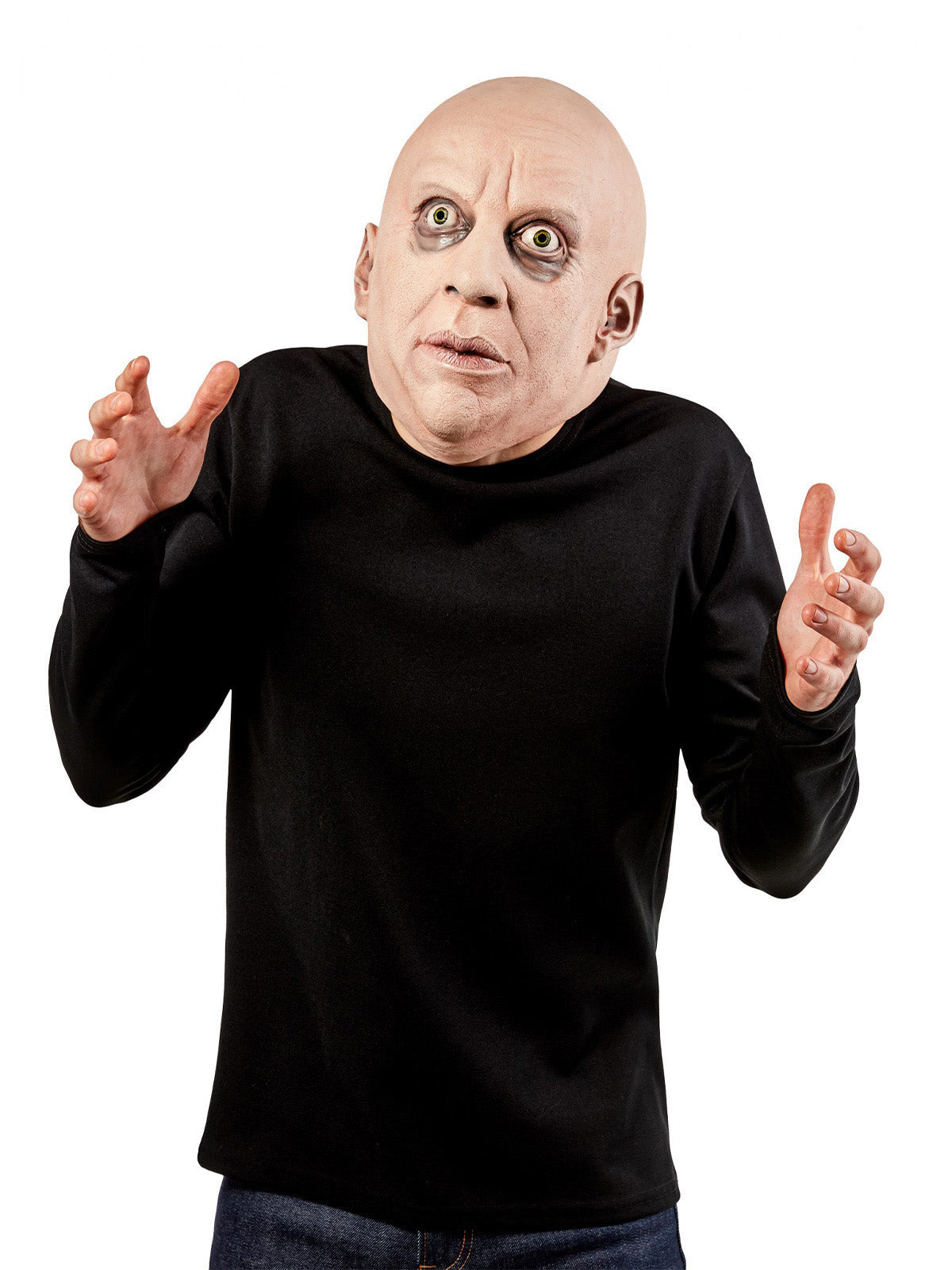 Man wearing the bald Uncle Fester overhead mask with dark under-eye rings