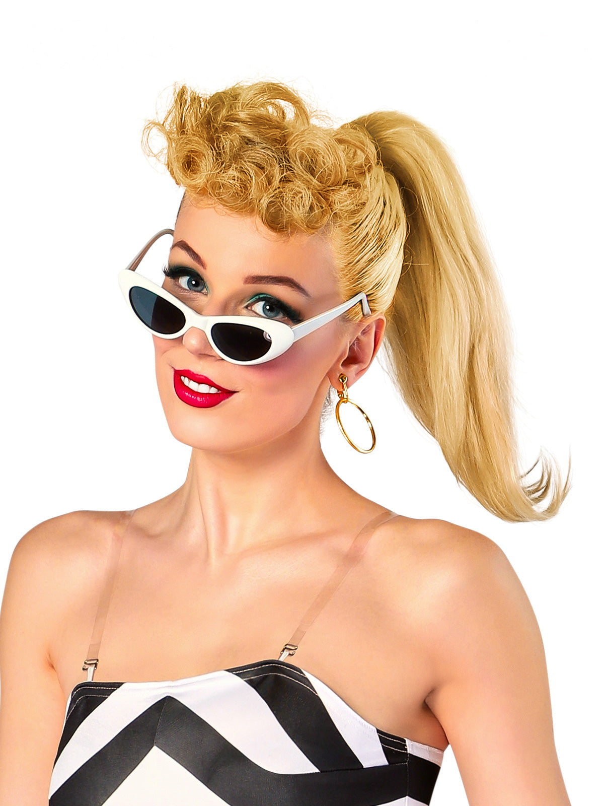 Woman in a blonde ponytail wearing white cat-eye sunglasses and gold hoop earrings from the Barbie 1959 set
