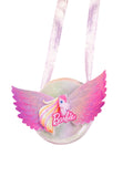 Shimmery iridescent Barbie bag with a pink winged rainbow horse and ribbon strap