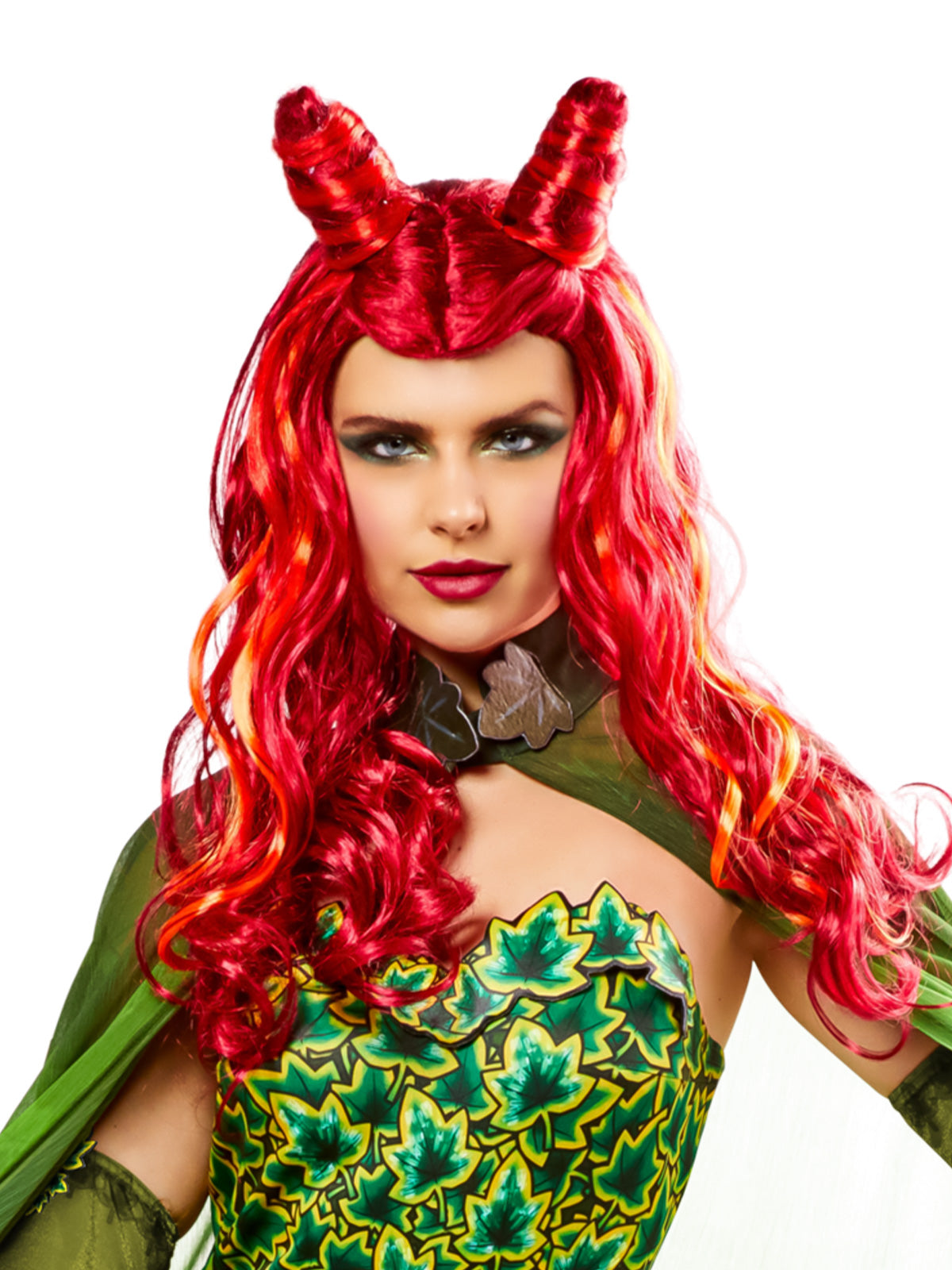 Woman wearing a long wavy red Poison Ivy wig with two buns