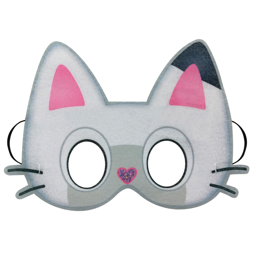 Grey and white Pandy Paws felt cat mask with eye holes and an elastic strap