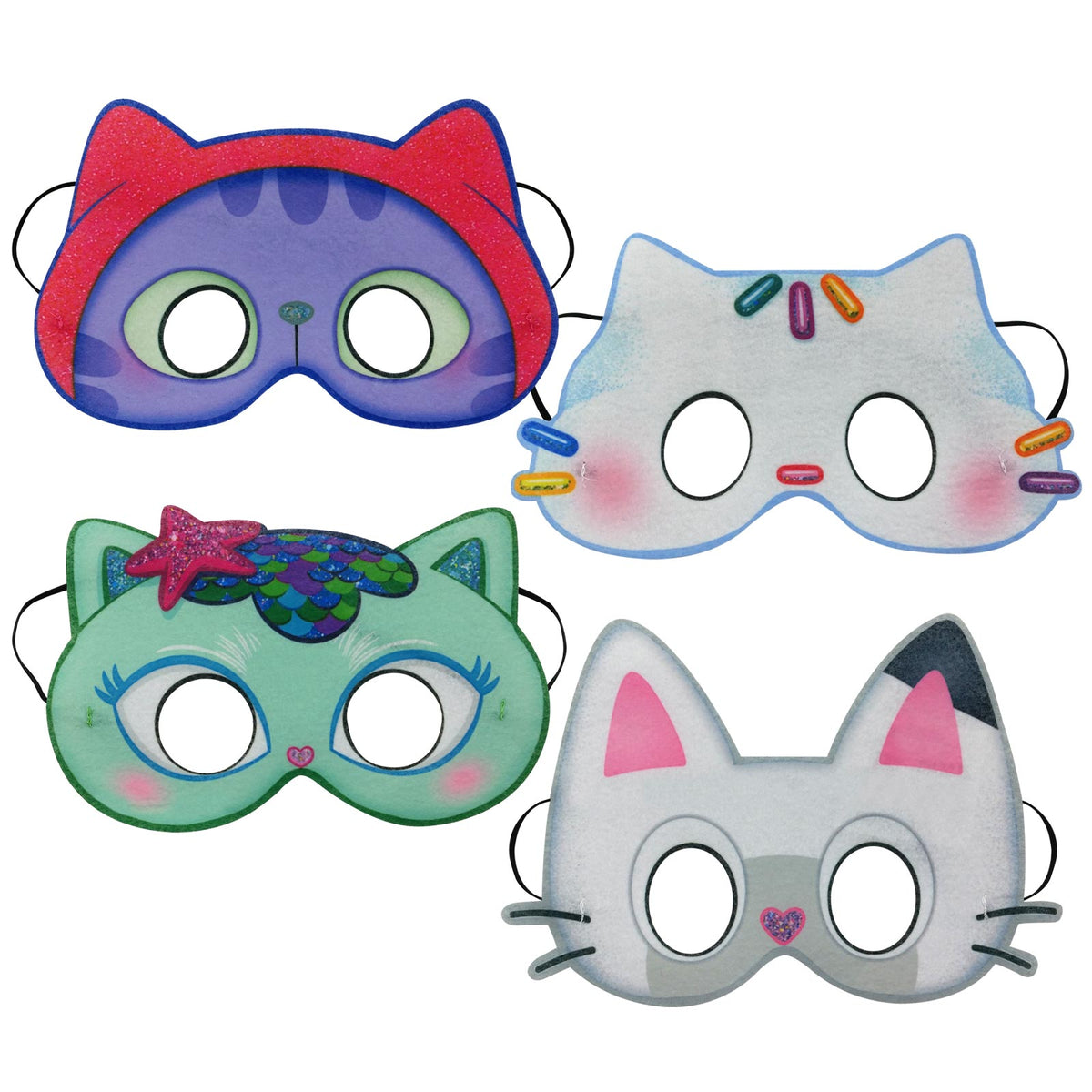 Set of four felt cat masks from Gabby's Dollhouse laid out together