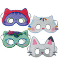 Four Gabby's Dollhouse felt cat masks in purple, white, green and grey
