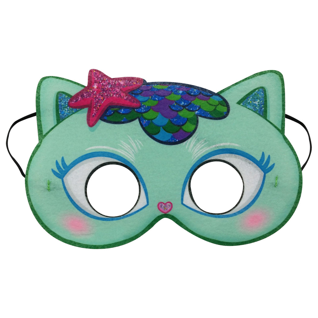 Green Mer-Cat felt mask with a bow, ears and eye holes