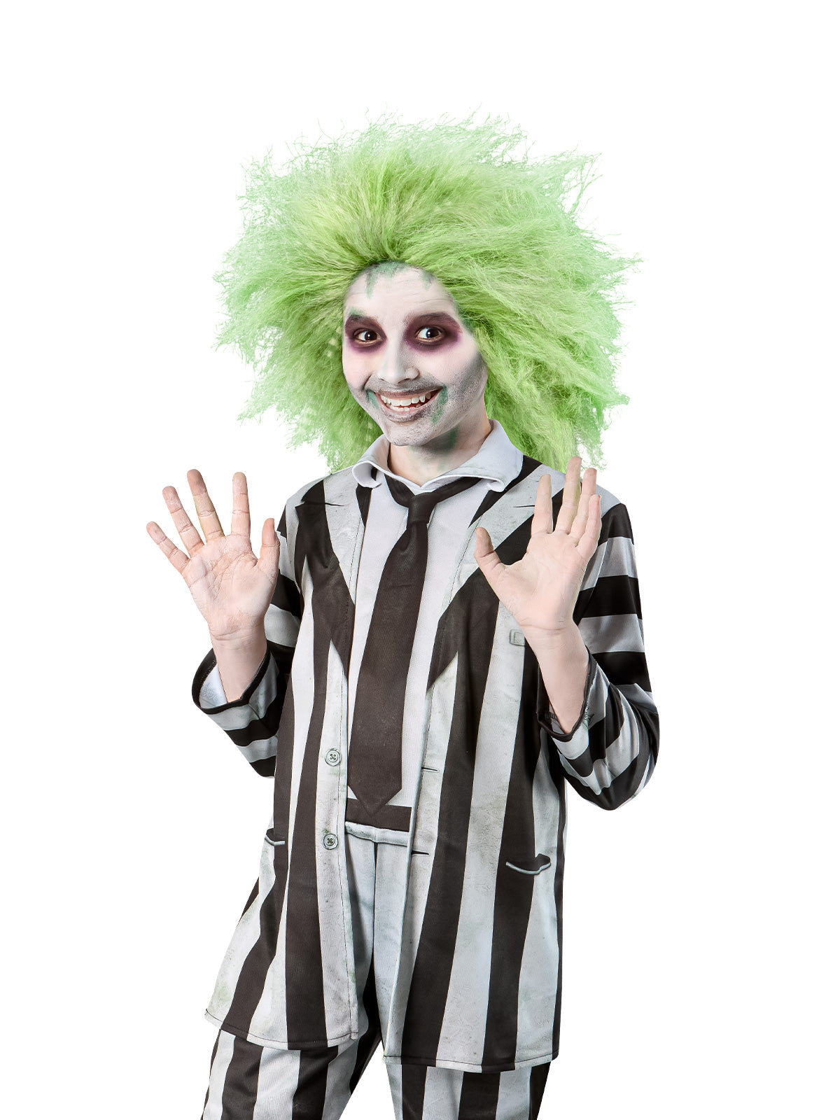 Child in a striped suit wearing a messy bright green Beetlejuice wig