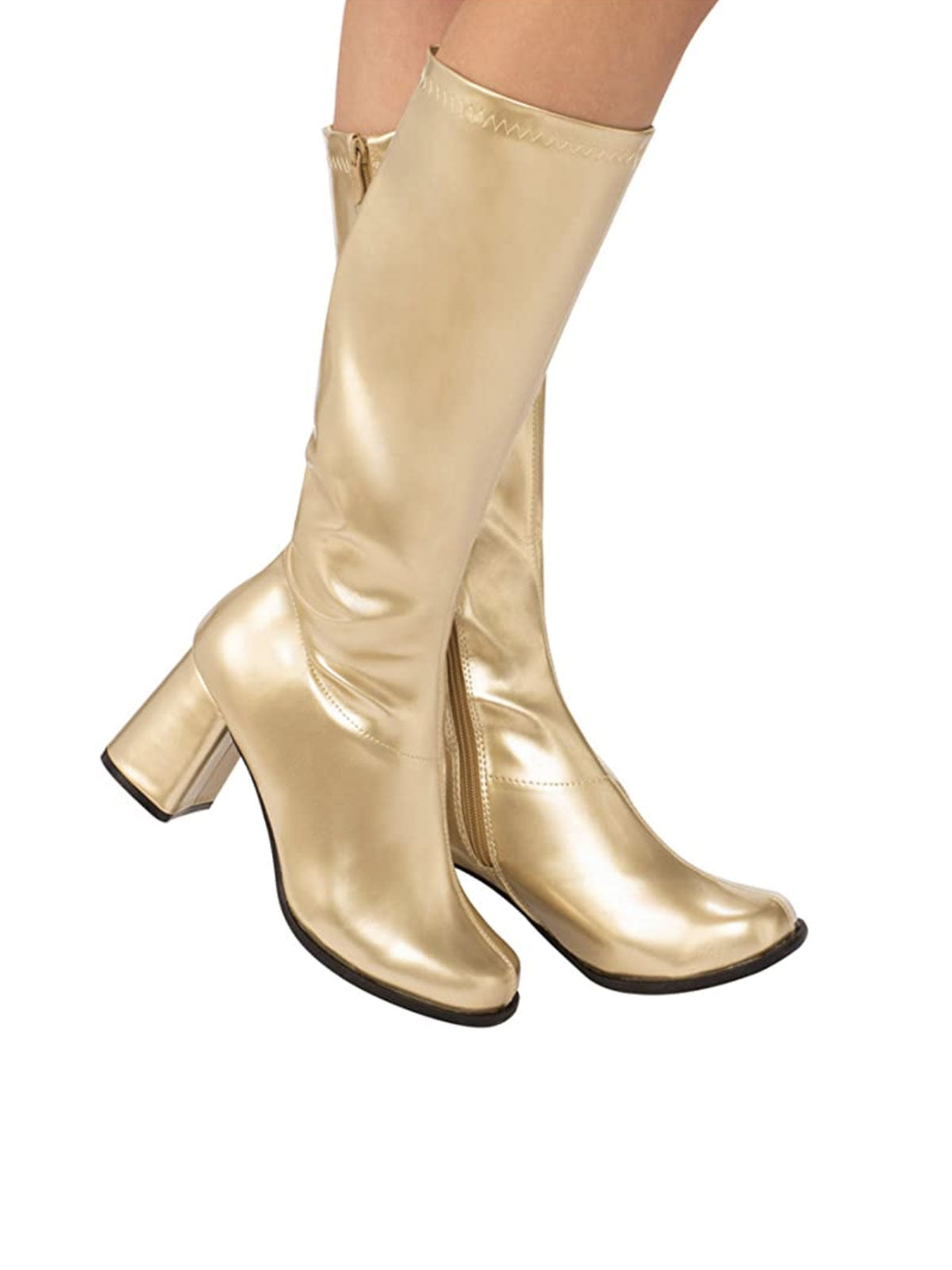 Pair of gold knee-high vinyl go go boots with square heel