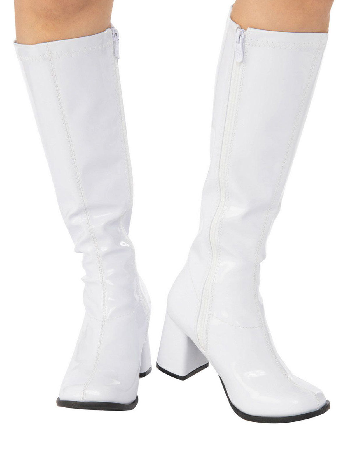 Pair of white knee-high vinyl go go boots with square heel