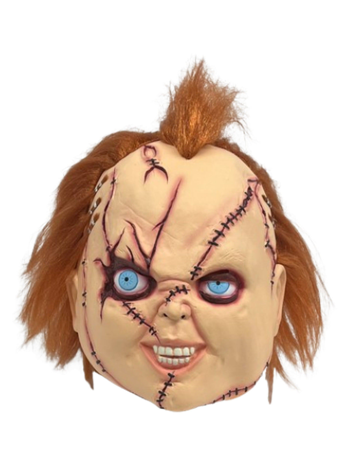 Chucky stitched-up 3/4 mask with painted scars and orange faux hair