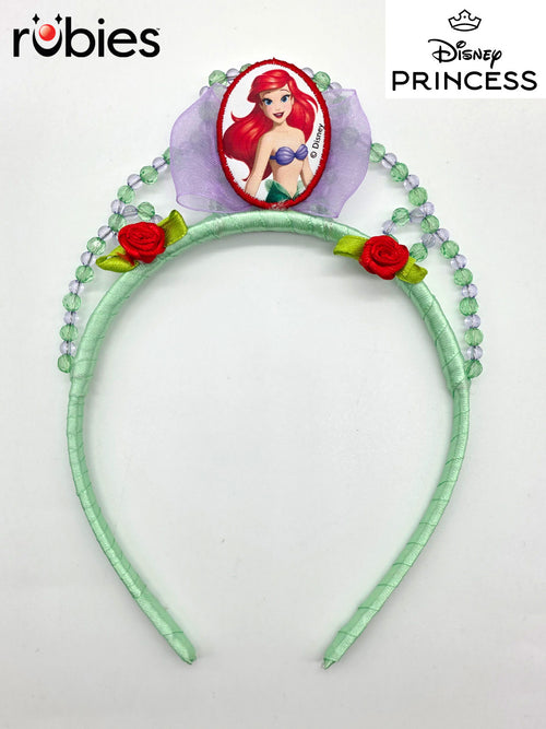 Green Ariel tiara headband with a character pendant, beading and red fabric flowers