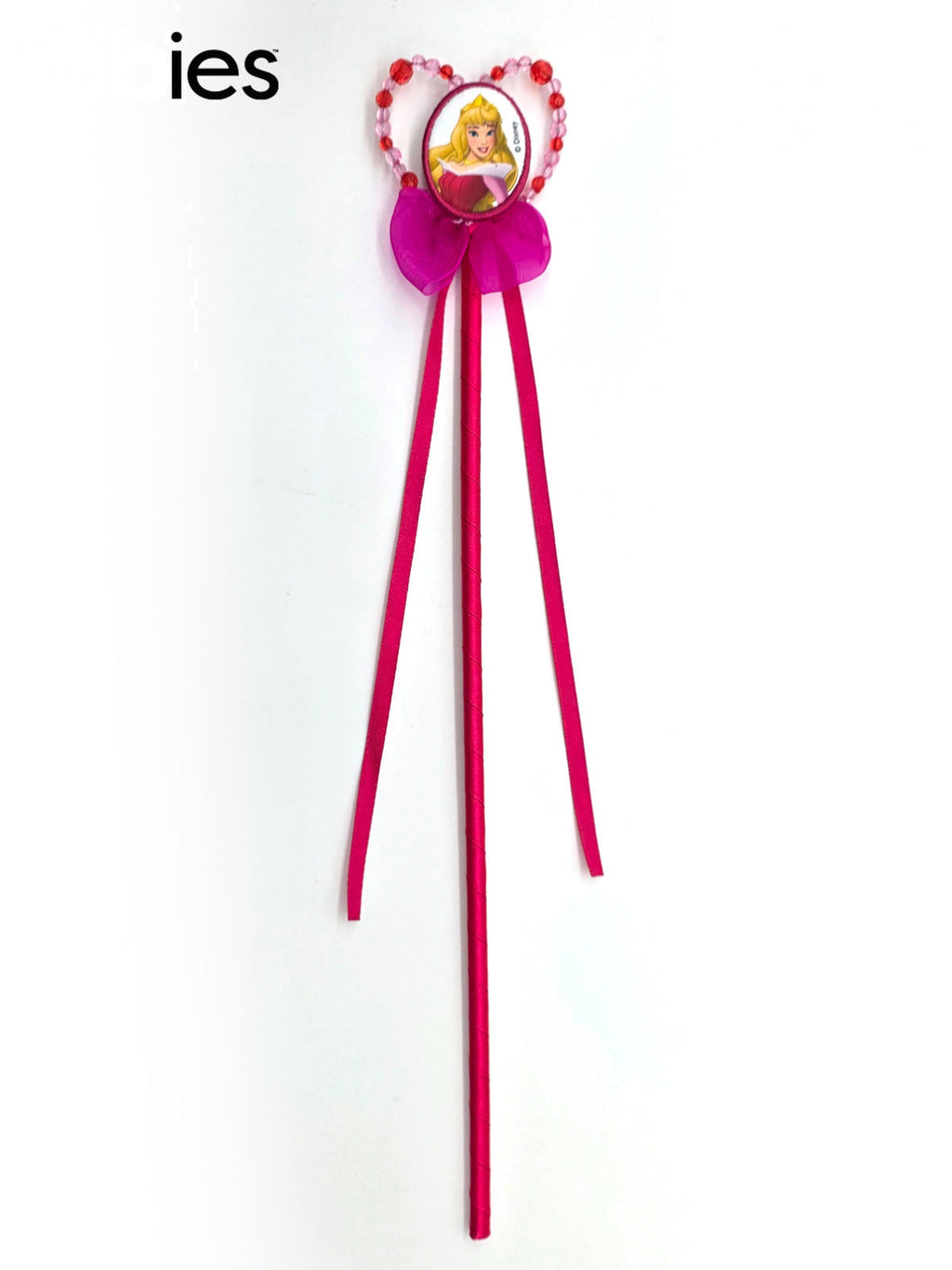 Aurora beaded wand with pink ribbons and a beaded character pendant