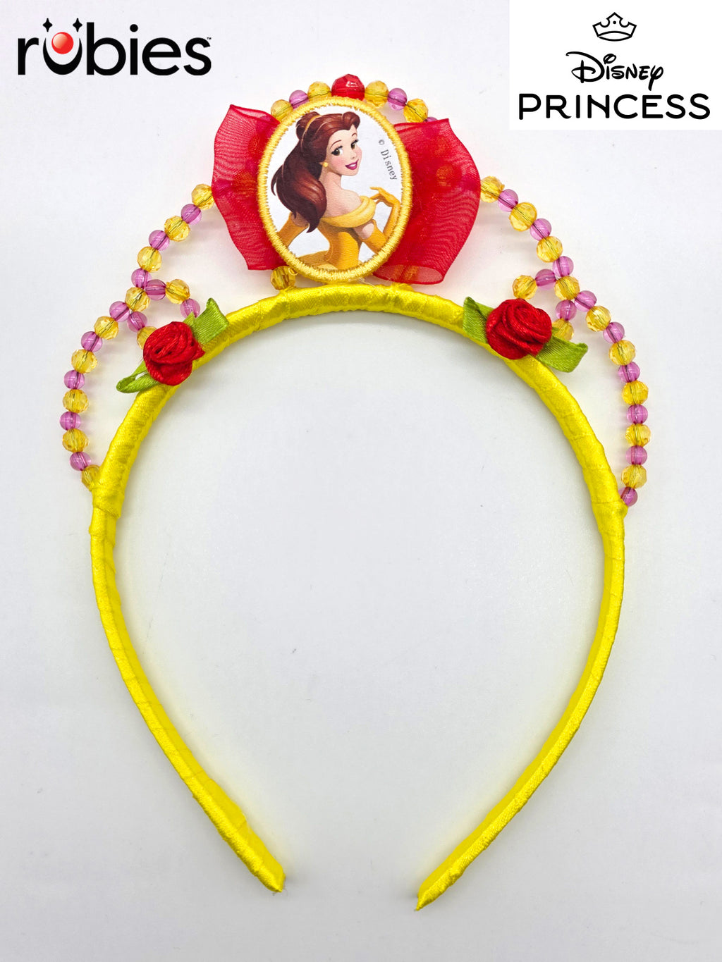 Yellow Belle tiara headband with a character pendant, beading and red and yellow fabric flowers