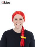 Woman wearing a red wig styled in one thick plait with a yellow hair bow