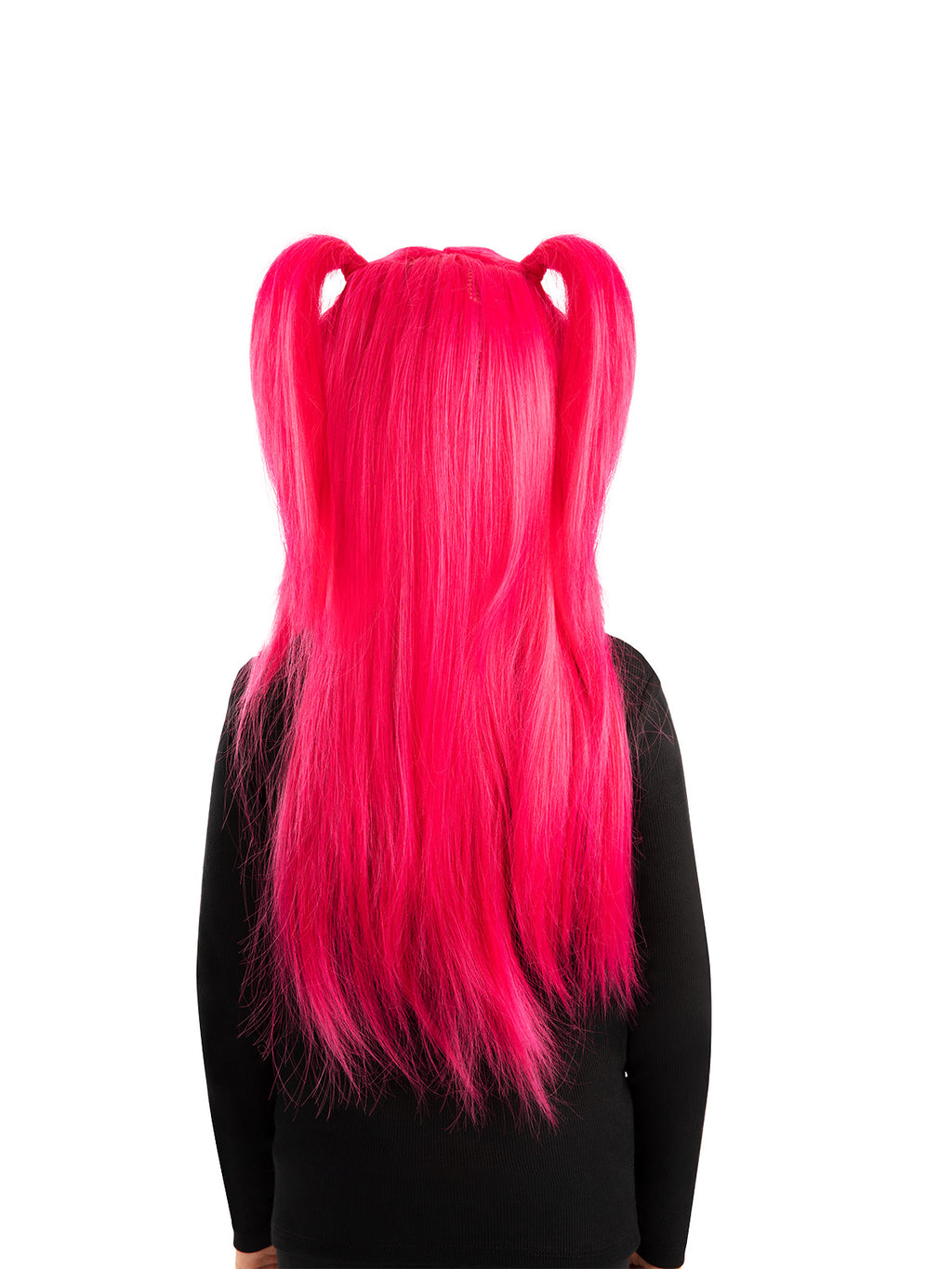 Side view of the pink Mira wig with ponytails on a girl