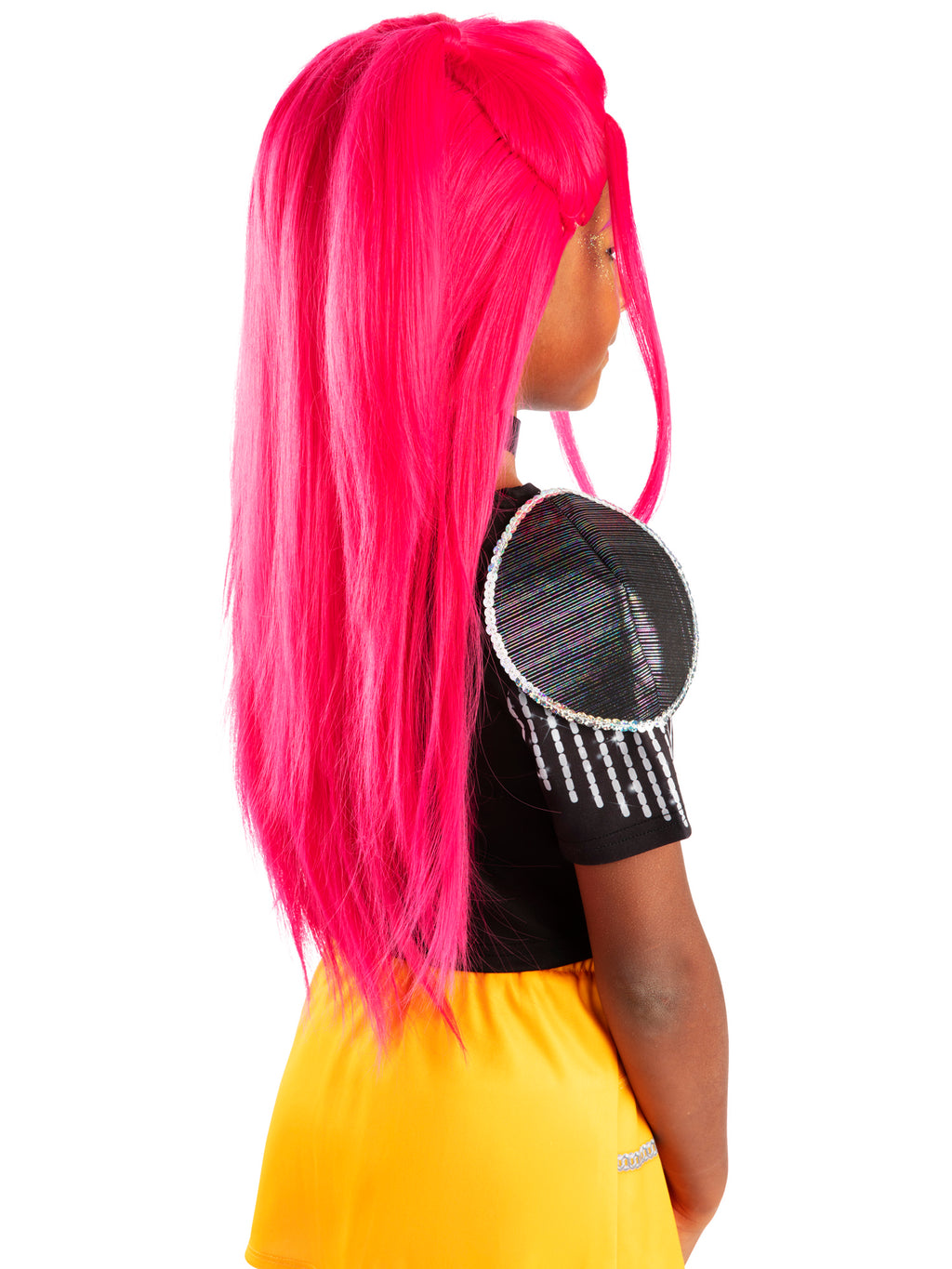 Side profile of a girl wearing the long hot pink Mira wig
