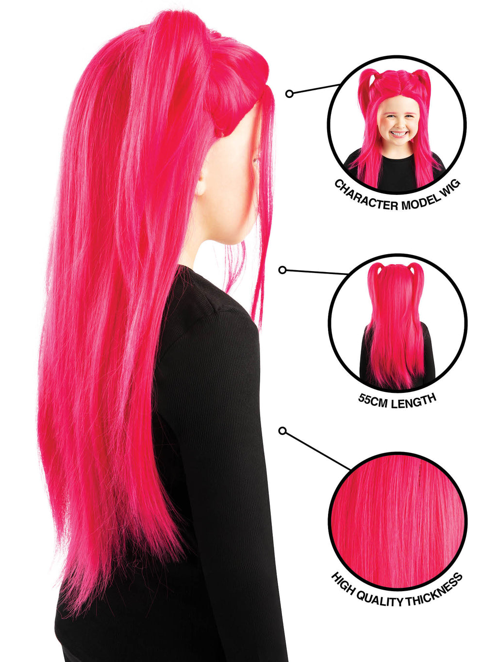 Girl wearing the pink Mira wig with close-up circles highlighting the wig details