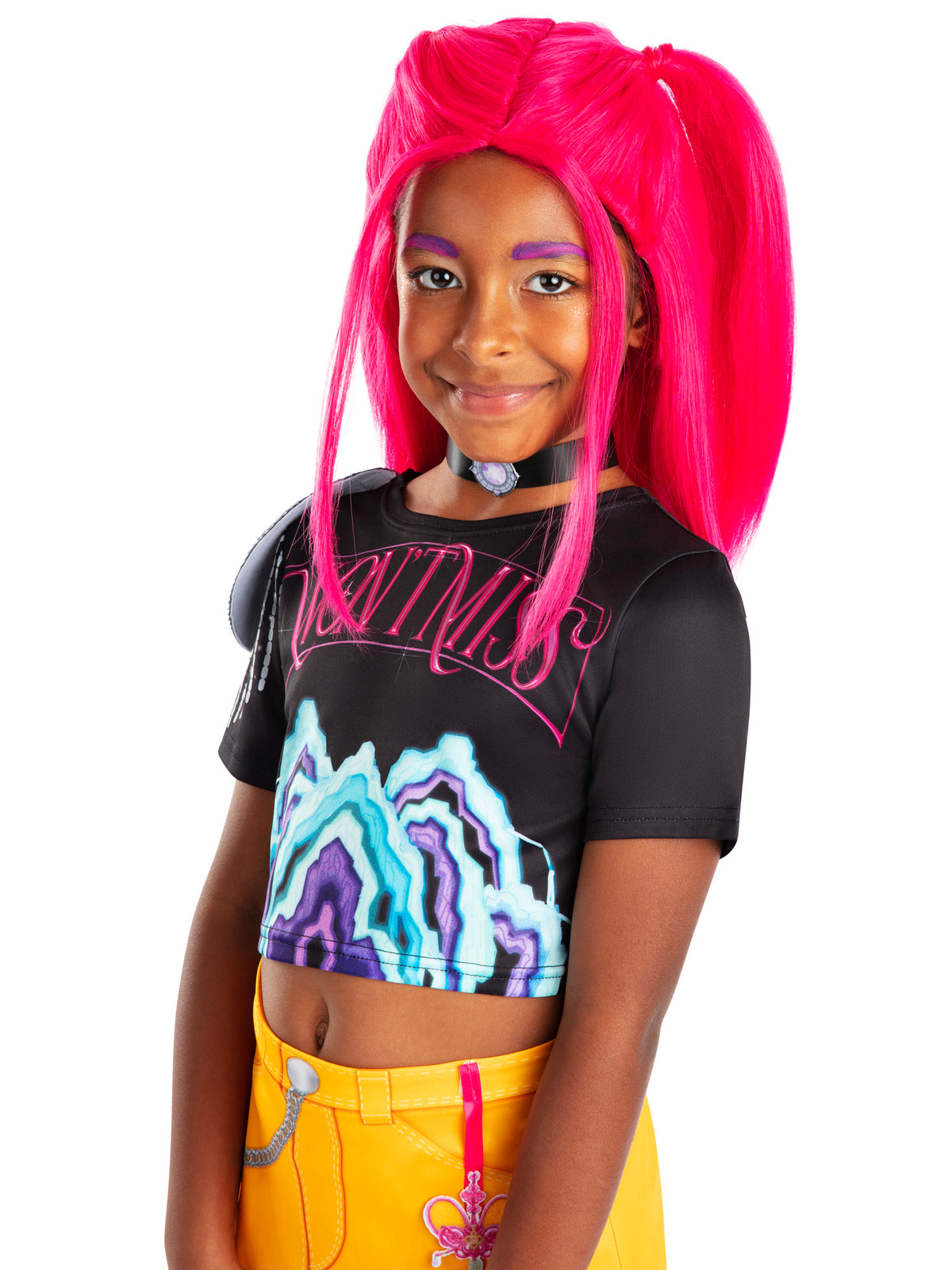 Smiling girl wearing the hot pink Mira wig with a long fringe