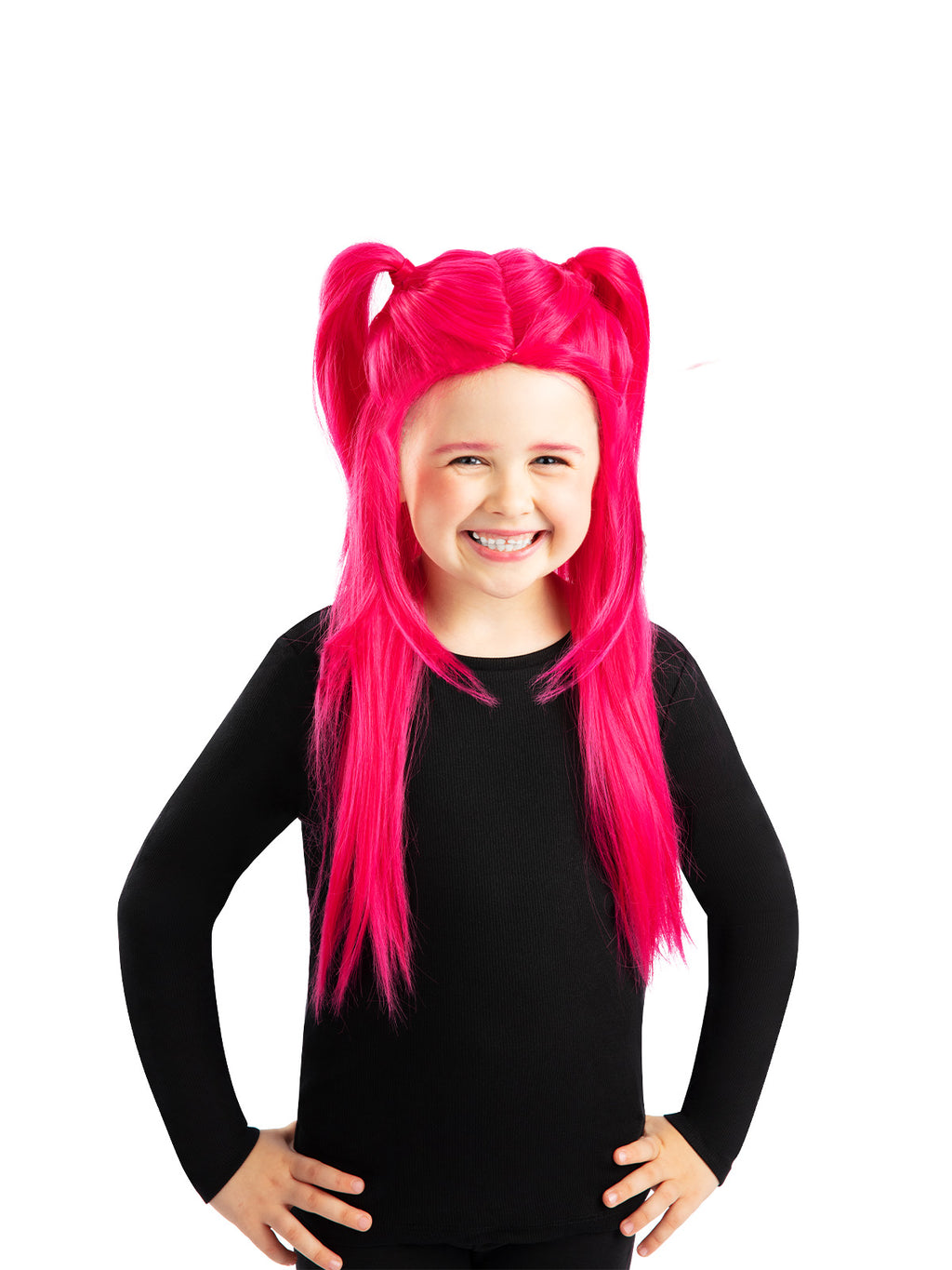 Girl in a black top wearing the pink Mira wig, front view
