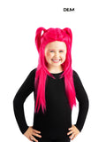 Girl wearing the long hot pink Mira wig with two ponytails and a fringe