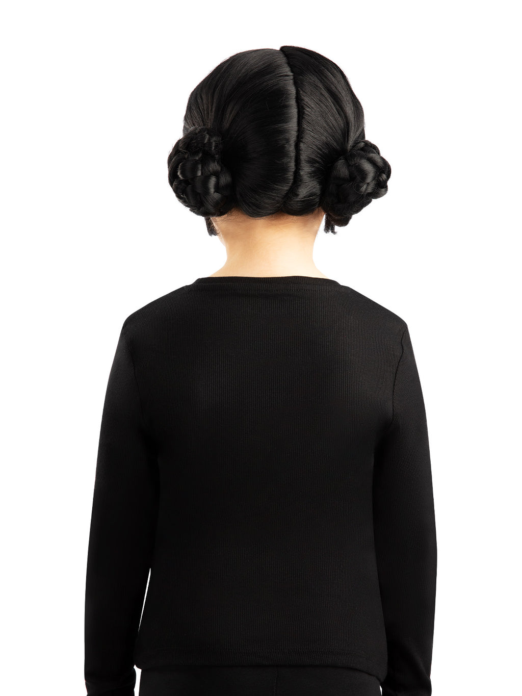 Back view of the Zoey wig with two low plaited buns on a child
